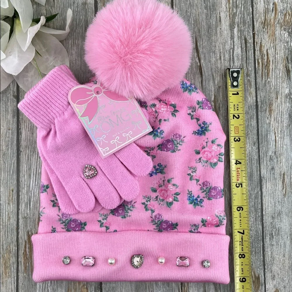 Pink Floral Rhinestone Jewel Hat and Gloves Set